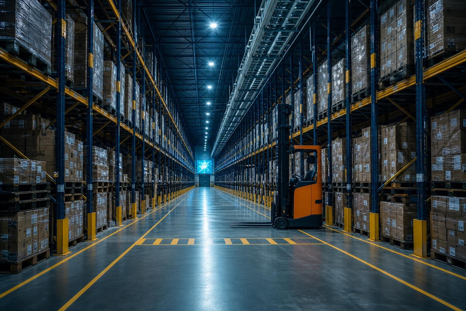 Interior of a modern Australian pharmaceutical distribution centre, looking down a long aisle of tall steel pallet racking that recedes into the vanishing point under cool-white LED bays, with a single high-visibility orange reach-truck parked in the middle distance, polished concrete floor with yellow safety lines, and a subtle cyan glow from a digital display at the far end of the aisle.