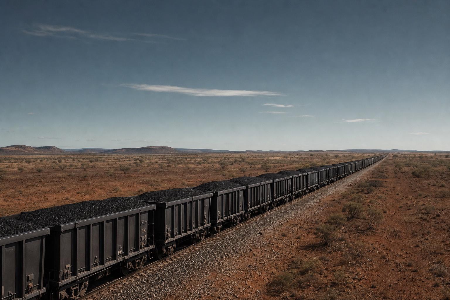 A long Australian heavy-freight train sits motionless on a single track stretching to the horizon across the outback — an industrial process at standstill on the day every Windows endpoint in dispatch bricked.