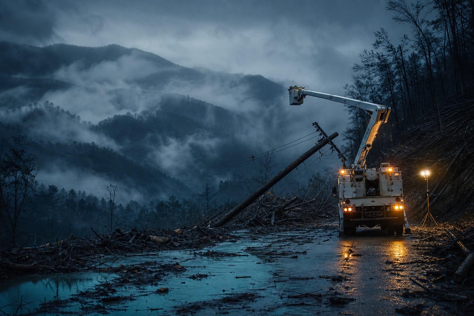 A single utility bucket truck parked on a damaged rural mountain road in western North Carolina after Hurricane Helene, the bucket extended toward a downed utility pole, heavy mist clinging to forested Appalachian ridges, mudslide debris and standing water on the road, and the truck's amber emergency strobes glowing through the fog.