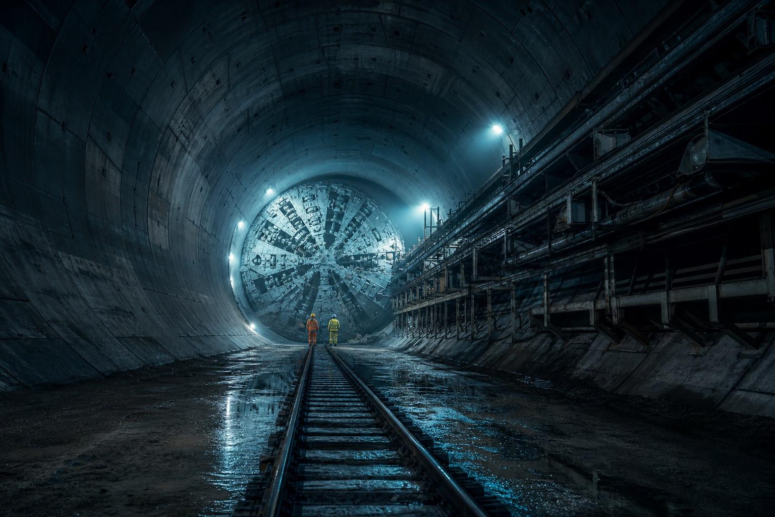 The interior of a vast underground tunnel-boring operation, looking down a long bored concrete-lined tunnel toward a massive circular TBM cutterhead at the vanishing point, two tiny silhouettes of high-visibility-clad workers visible in the middle distance, a single rail track running down the centre of the tunnel floor reflecting cool-white spotlights mounted along the tunnel ribs — communicating the scale and depth of working a kilometre underground.