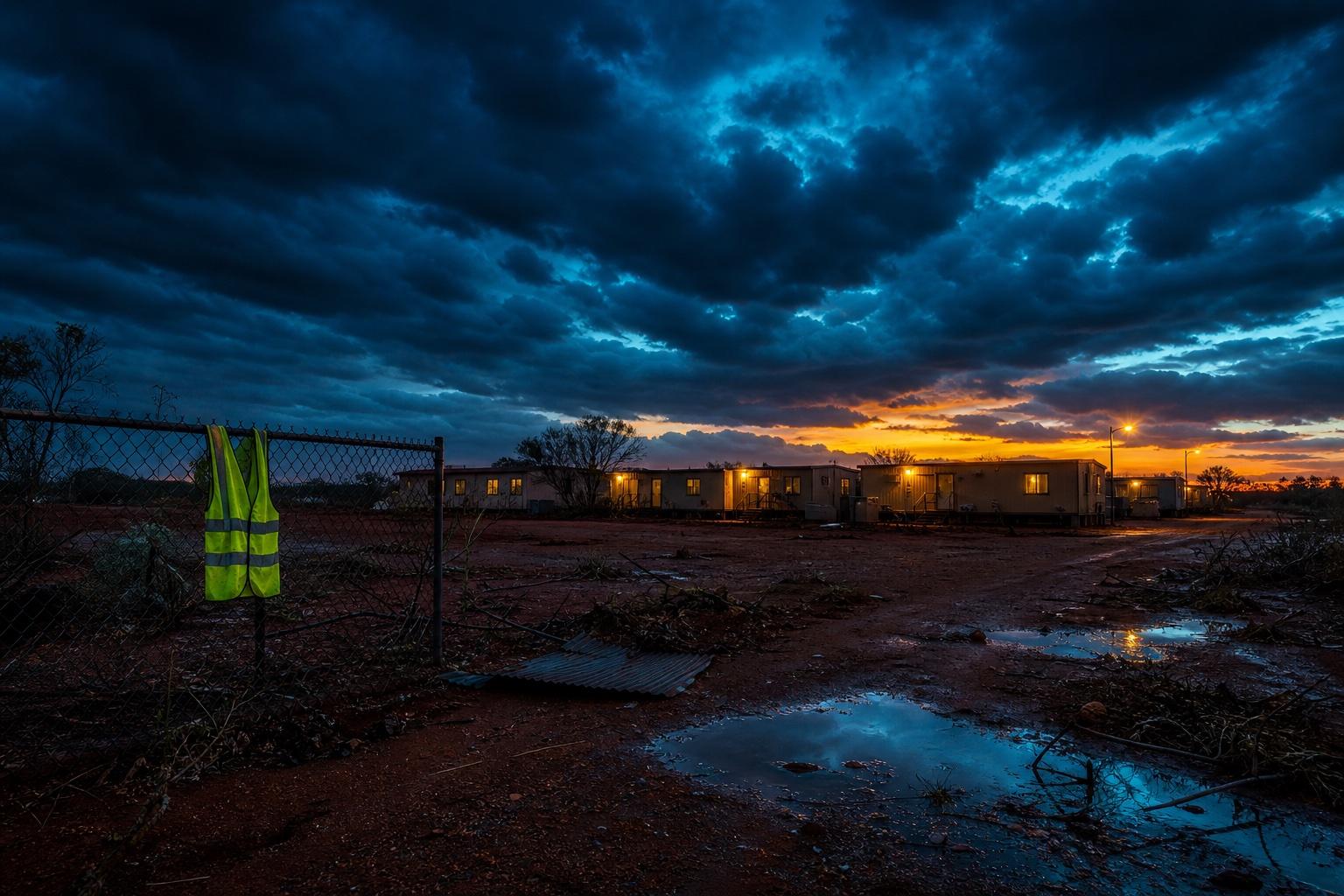 A remote Pilbara mining services camp at dusk the day after Cyclone Narelle has passed, with a high-visibility yellow vest hanging on a chain-link fence in the foreground, scattered storm debris on the dirt road, dramatic navy and orange storm clouds in the sky, and a few lit windows in the modular accommodation dongas in the middle distance.