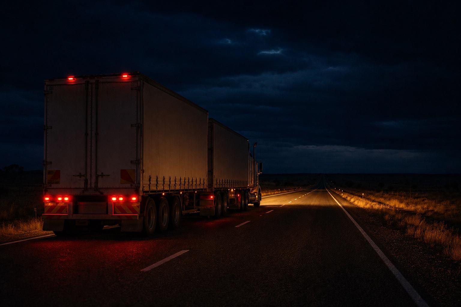 An Australian B-double freight truck driving away from the camera on an empty rural highway at night — tail lights glowing red, headlights illuminating the road ahead — the weight of long-haul responsibility on a dark road.