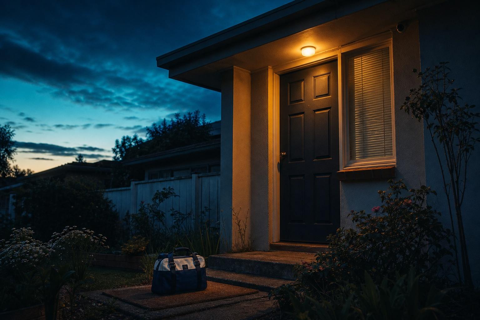 The front porch of a modest suburban Canberra-style home at twilight, a nurse's navy-and-white medical satchel sitting on the welcome mat in the foreground, warm amber porch light glowing above a closed front door, deep navy and teal blue-hour sky in the background — the quiet, ordinary, deceptive moment before a home visit begins.