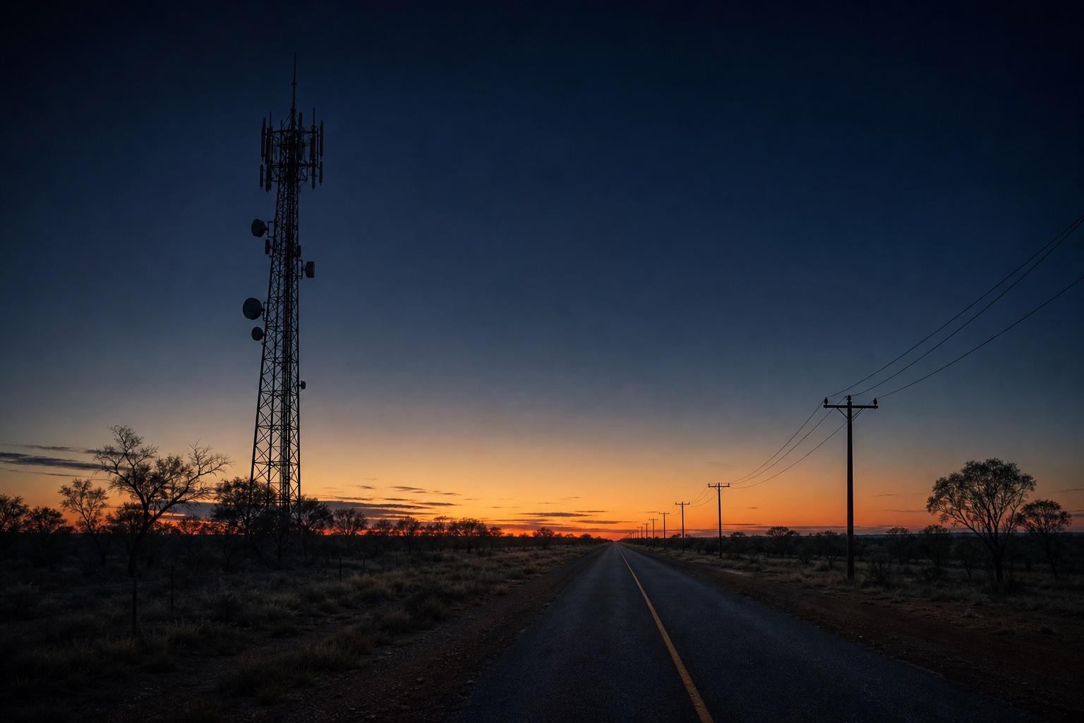A solitary cellular tower silhouetted against a deep navy sunset sky on a remote regional Australian highway — telephone poles disappear into the horizon, communicating the moment the network goes quiet.