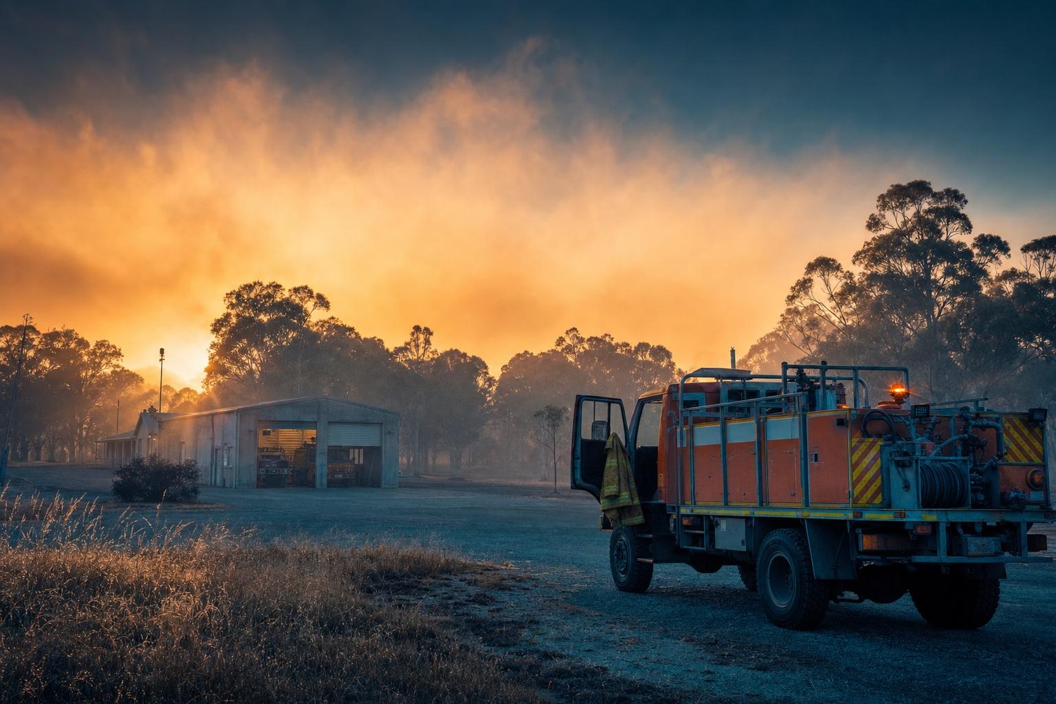 A small rural fire-tanker truck with high-visibility orange and yellow striping parked at dawn at the edge of a rural Australian town, a high-vis yellow turnout coat hanging in the open cab door, a weathered concrete bay station building visible in the middle distance with its roller door open, eucalyptus trees silhouetted against an apricot-orange dawn sky thick with smoke haze — the quiet vigilance of the volunteer workforce before the call comes.